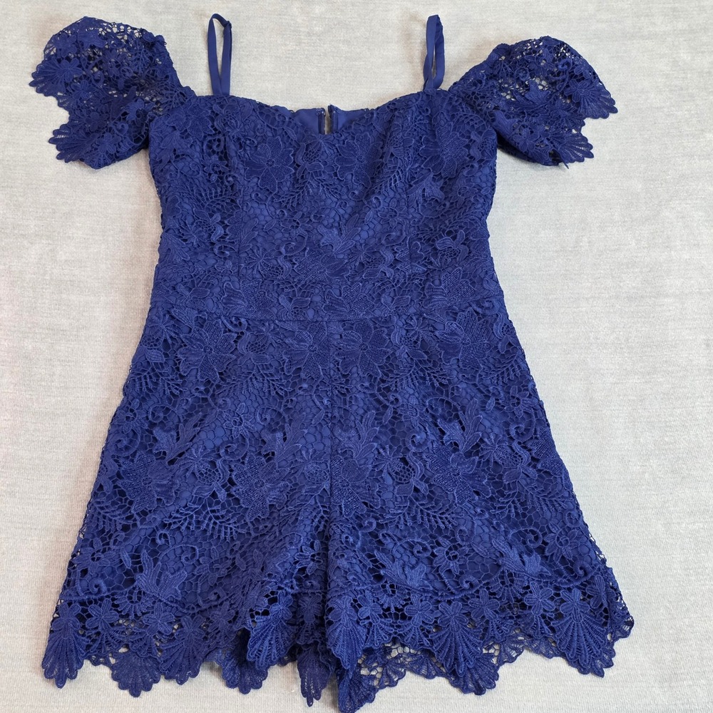 Guess Lace Romper Womens 2 Royal Blue Floral Crochet Off Shoulder Party  Elegant